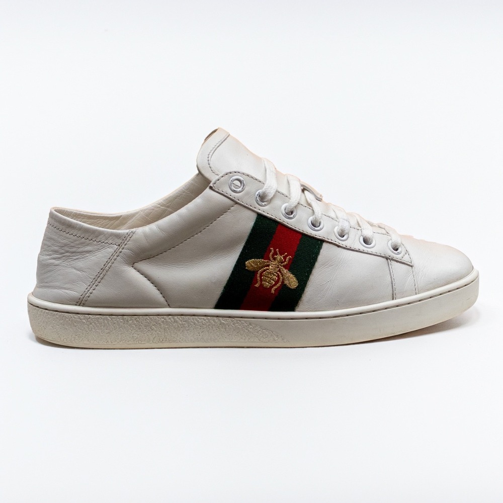 Gucci White Leather Low-Top Sneakers with Green and Red Web and Gold Bee - Picture 4 of 15